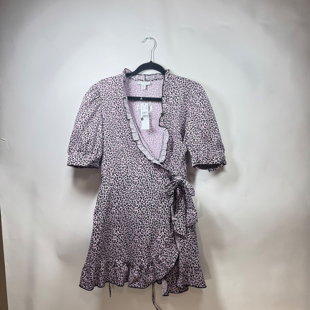 Topshop Women V-Neck Pink Leopard Print Wrap Mini Dress Ruffle Puff Sleeve US 12